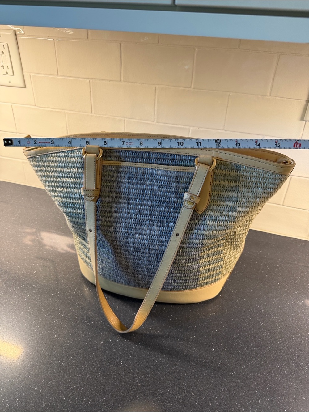 Brahmin Med Bowie Zip-top Blue-GreenWoven Tote with Tan Leather Trim - Picture 6 of 13